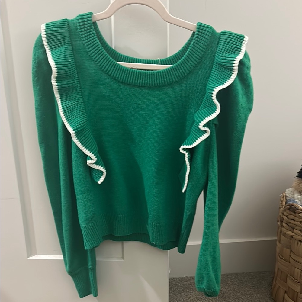 Vestique Green Crew Neck Sweater with Ruffle Trim